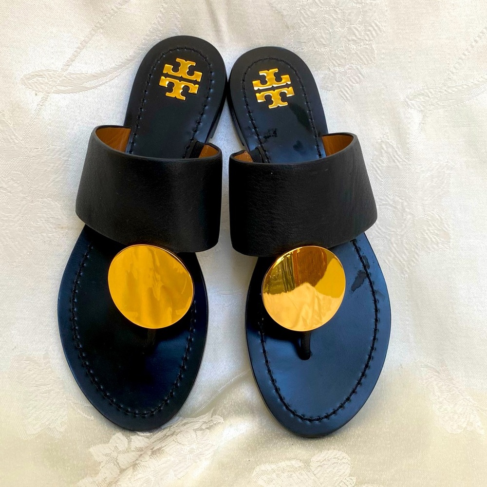 Tory Burch 73193 Patos Black Leather Gold Hardware Women's Sandal Sz 6M